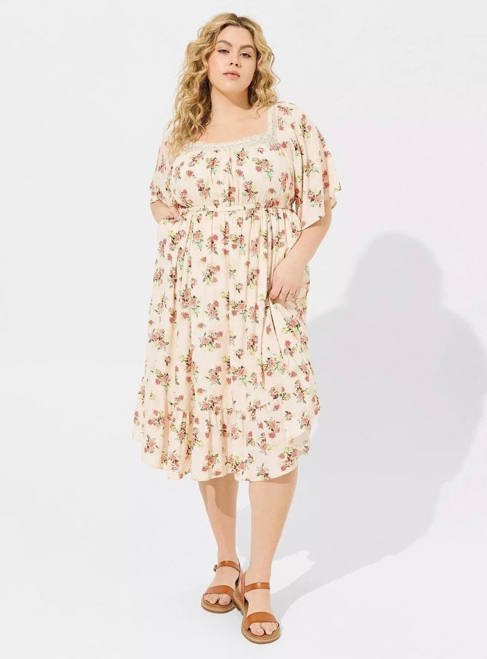 Torrid Floral Midi Peasant Dress Size 0/L Cottagecore Boho Pockets